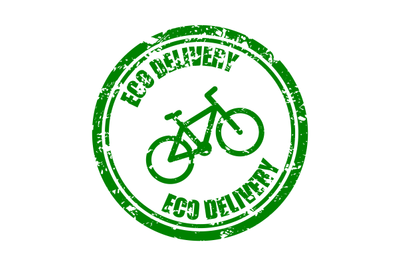 Eco delivery by bicycle, green rubber stamp texture