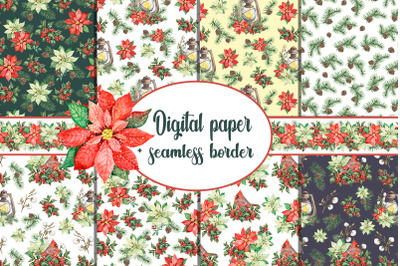 Christmas patterns digital paper pack poinsettia flowers holly berries