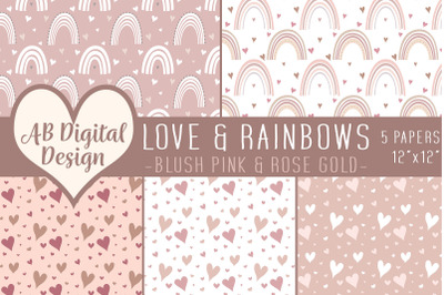 Rainbow &amp; Love Hearts Digital Paper Background, Blush Pink Rose Gold