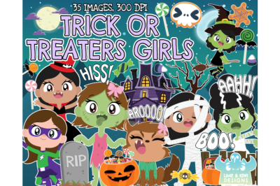 Trick Or Treaters Clipart - Girls -Lime and Kiwi Designs