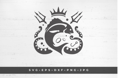 Seafood logo with fish, tentacles, crown and trident