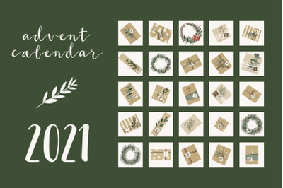 Advent Calendar 2021. Gifts, wreaths. Xmas and New Year. 25 days