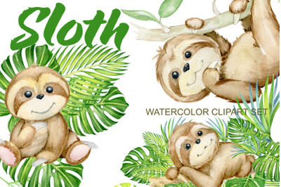 Sloth. Little animals watercolor clipart, sleepy sloths, wreath, flora