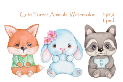 Cute forest animals: fox, raccoon, hare.