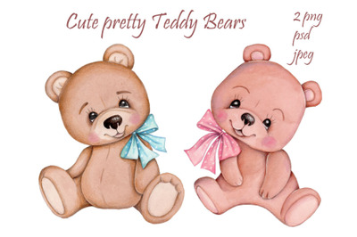 Cute pretty Teddy Bears. Watercolor.