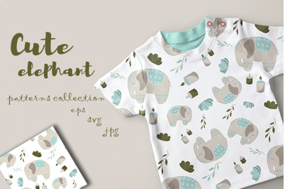 Seamless pattern collection with cute elephant.