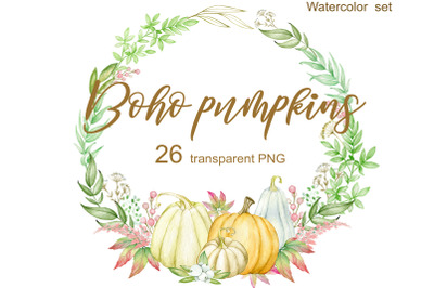 Fall Pumpkin Clipart. Watercolor pastel pumpkins and gold floral digit