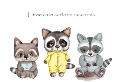 Three cute cartoon raccoons. Watercolor.