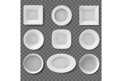 Realistic plates. Food dish, empty clean bowl, kitchen utensil, food w