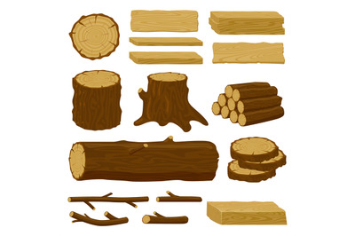 Wood trunks. Tree lumber, wood logs, logging twigs and wooden planks,