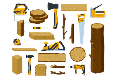 Woodwork tools. Lumber industry wood material tree trunk, planks, stac