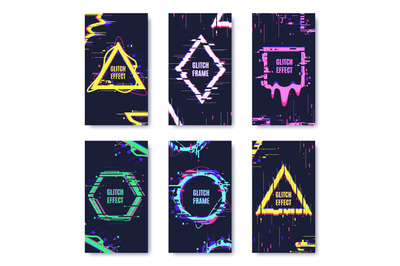 Glitch damage cards. Noise defect distortion frame posters, abstract n