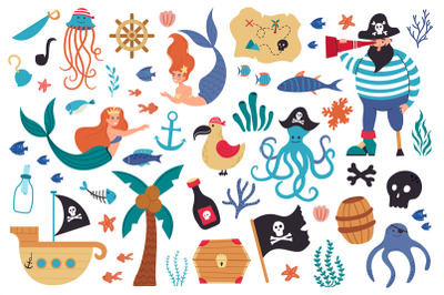 Pirates and mermaids. Sea underwater creatures and marine symbols, sai