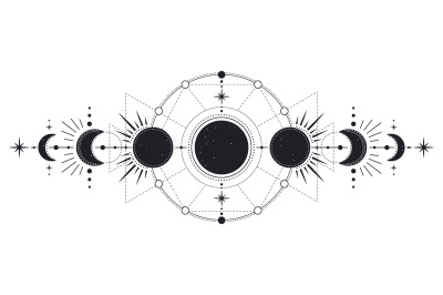 Moon phases. Mysterious moonlight activity stages, hand drawn sacred g