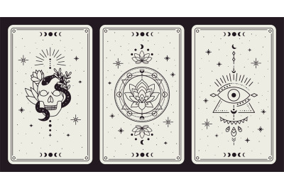 Magic occult cards. Vintage hand drawn mystic tarot cards&2C; skull&2C; lotu