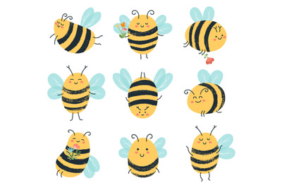 Cute bees. Funny yellow bee characters, hand drawn flying honey bees i