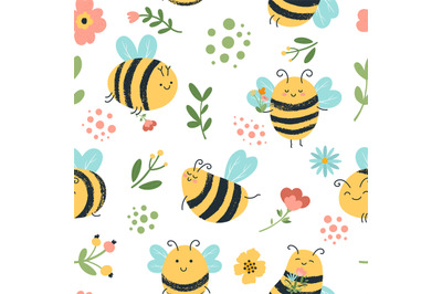 Bees seamless pattern. Cute hand drawn honey bees, flying yellow insec