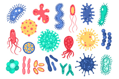 Bacteria and virus. Microscopic microorganism germs, infection cells a