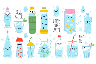 Doodle drink more water. Cute funny hand drawn water mascots in mug, g