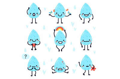 Cute water drops. Hand drawn happy water drops&2C; raindrops&2C; kawaii aqua