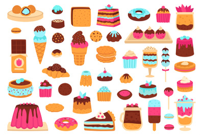 Sweet desserts. Bakery sweets, muffin cakes, ice cream, hand drawn can