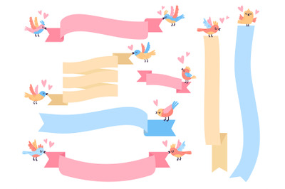 Birds with ribbon. Cute little flying birds holding ribbon banners, ha