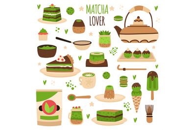 Matcha products. Japanese matcha powder preparation tools, matcha deli