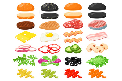 Burger ingredients. Hamburger fast food constructor, buns, veggies, ch