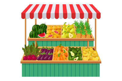 Vegetables supermarket stall. Fruits, vegetables wooden counter, groce