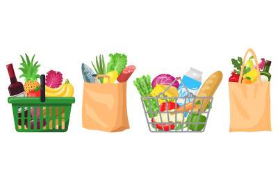 Supermarket grocery bags. Shopping baskets and bags, plastic, paper pu