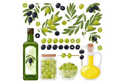 Cartoon olive. Black and green olives, olive tree branches and extra v