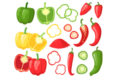 Cartoon peppers. Sweet red, yellow and hot peppers, bell pepper, juicy