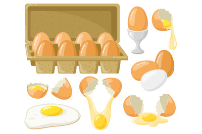 Cartoon chicken eggs. Fresh, boiled, fried eggs, broken eggs, half egg