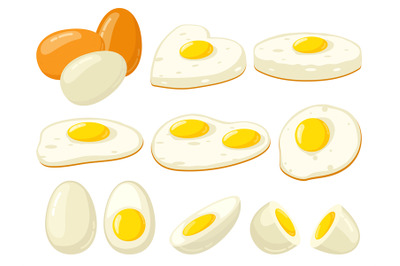 Cartoon cooked eggs. Fried, hard, soft boiled, sliced eggs with yolk,