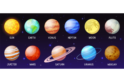 Cartoon solar system. Space planets, moon, sun, astronomical sphere ea