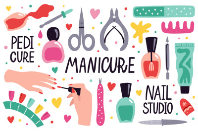 Doodle manicure equipment. Nail manicure tools, scissors, nail polish,