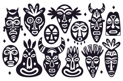Tribal masks silhouettes. African ancient totem religion face masks, h