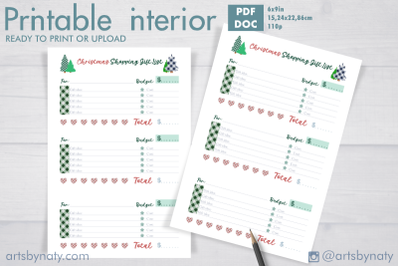 Plaid Christmas Shopping gift list. Planner inserts or KDP interior.