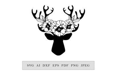 silhouette of a deer head with antlers and flowers of violet