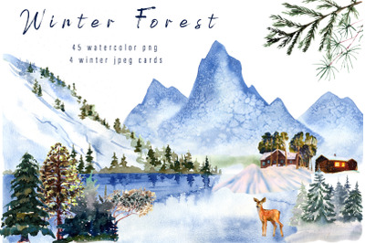 Winter Landscape Clipart, Watercolor Forest