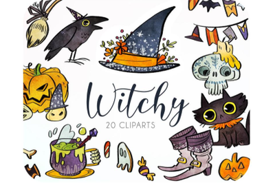 20 Witch clipart set  Halloween graphics &amp; digital stickers