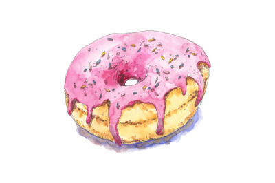 Donut pink-glazed - hand drawn watercolor food illustration