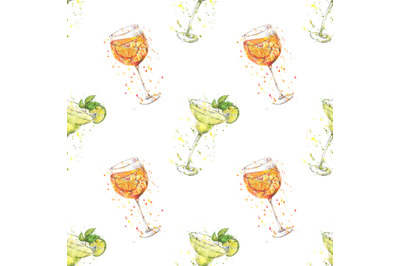 Bright watercolor seamless pattern with cocktails and splashes