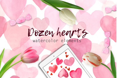 A dozen hearts in watercolor in pink colors