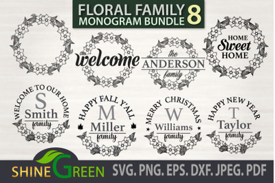 Family Monogram SVG Bundle, Floral Name Sign Frames, Fall, Christmas