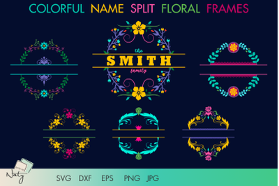 Colorful name split floral frames. SVG for names and titles.
