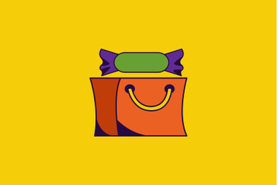 Halloween Icon with Yellow Bag and Candy