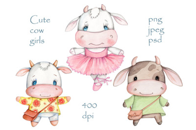 Cute cow girls. Watercolor illustrations for kids.