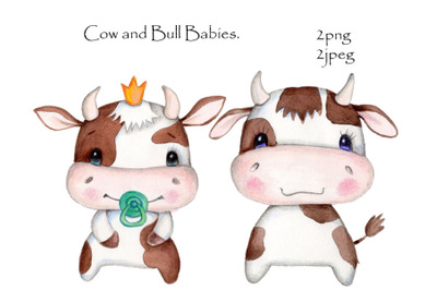 Cow and Bull babies. Watercolor.