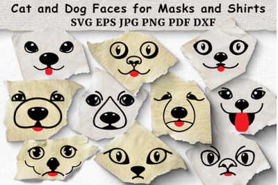 Dog and Cat Faces for Masks and Shirts SVG Bundle. Cut Files